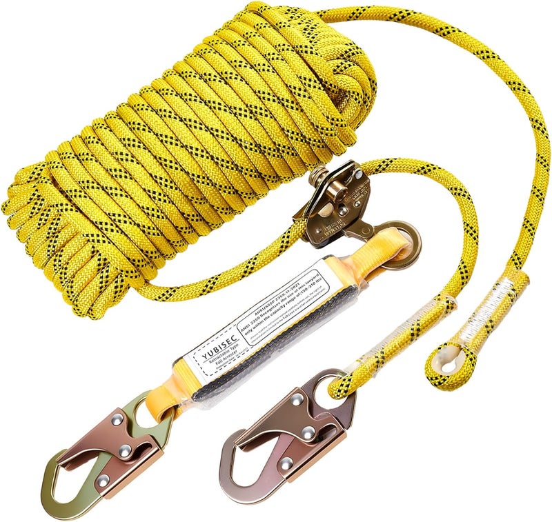 Yubisec Rope Harness Safety Lanyard 50FT, Vertical Lifeline Assembly with Grab Snap Hooks Shock Absorber, Fall Protection Tree Climbing Lifeline Kit, Heavy Duty Roof Safety Equipment ANSI CE - Image 1